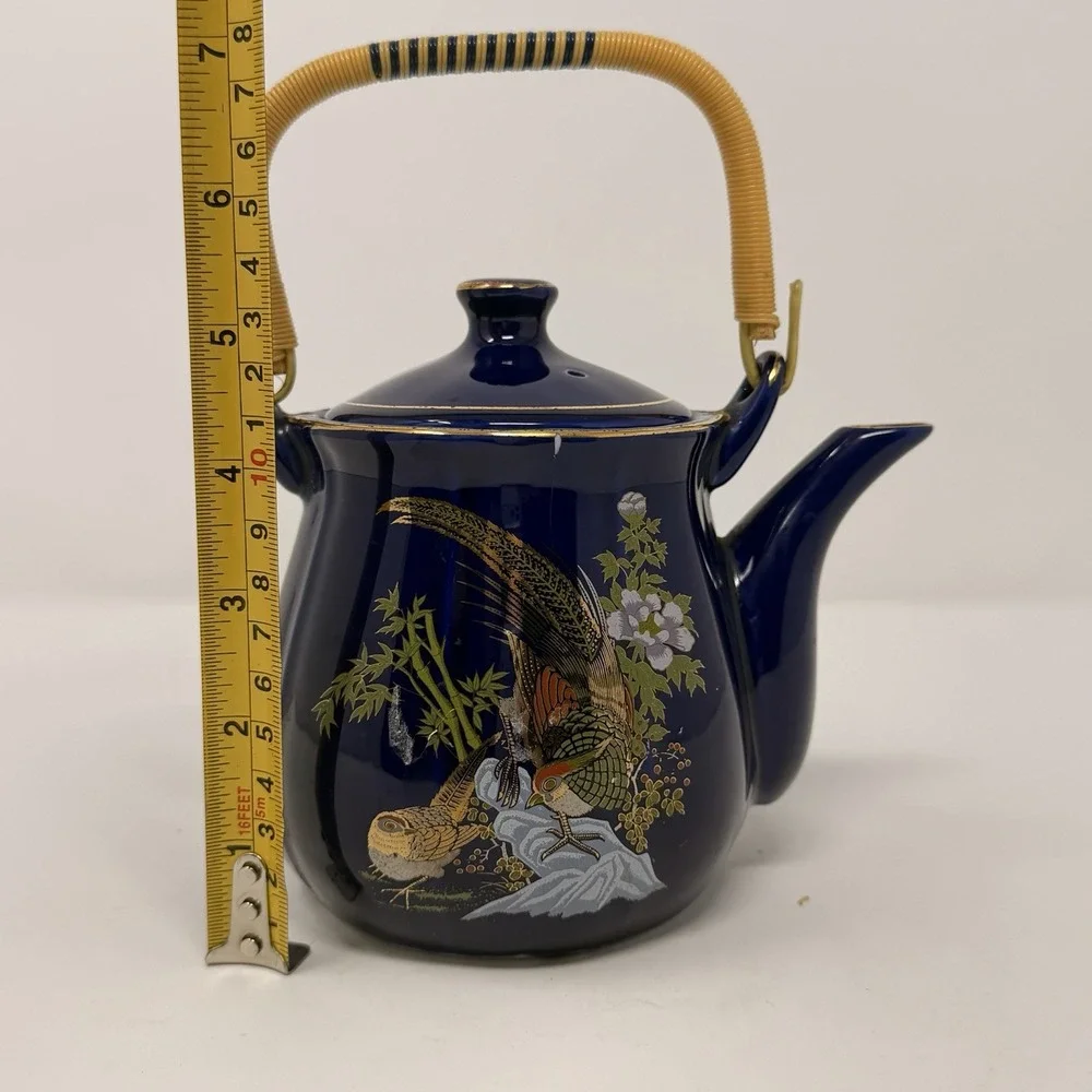 Vintage Japanese Cobalt Blue Gold Teapot Pheasant Bamboo Rattan Handle 7.5